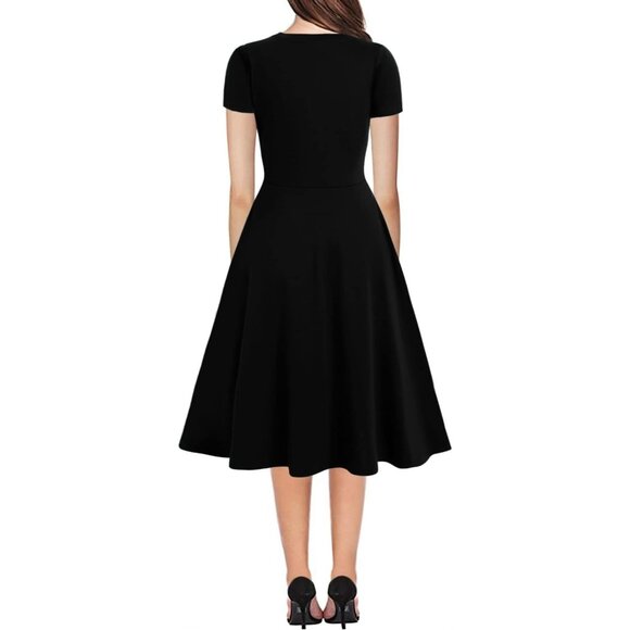 Women's Black Solid Elegant Knee Length Vintage A-Line Swing Dress with Pockets - Picture 2 of 5